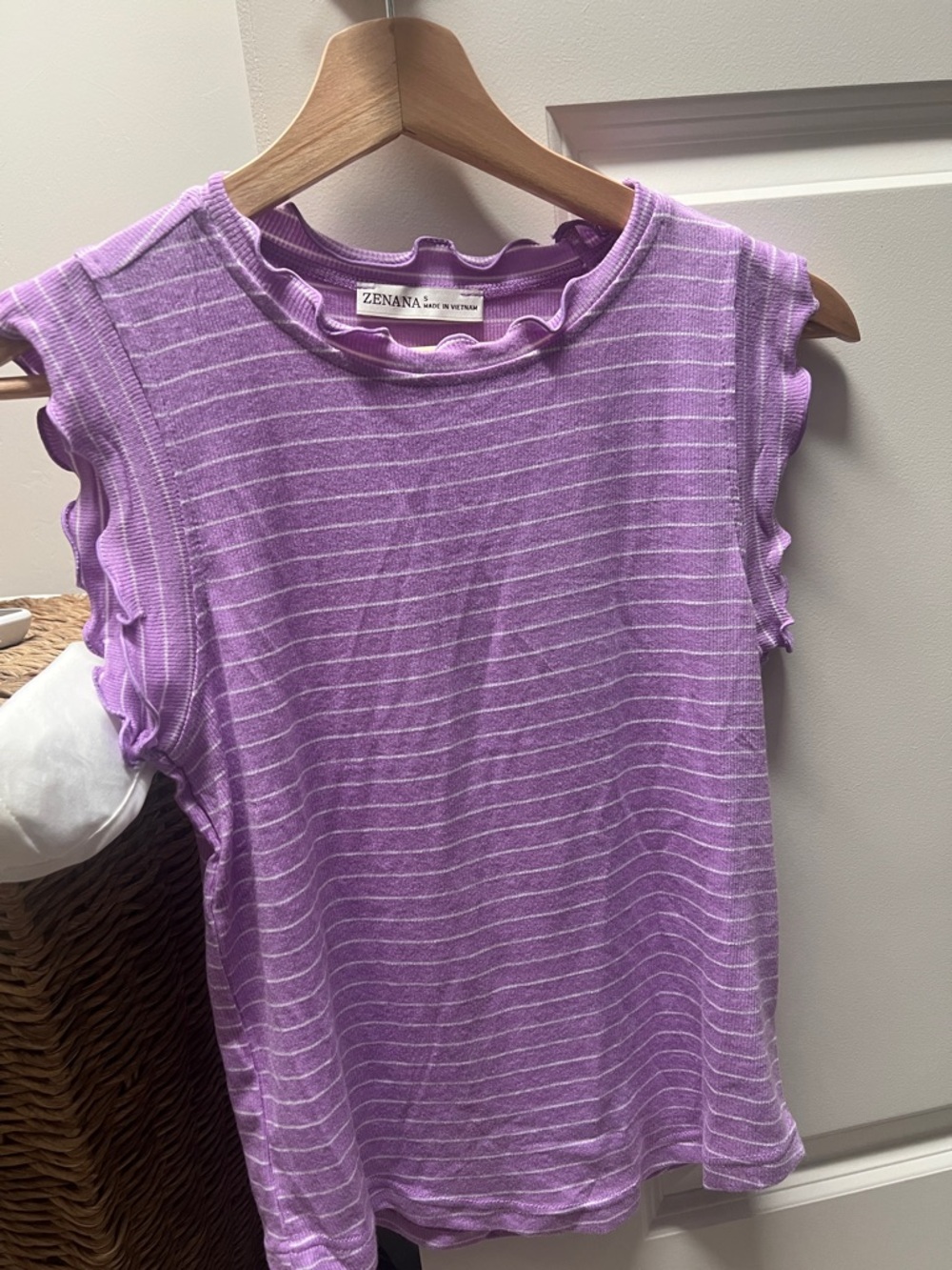 Zenana Outfitters Lilac Striped Ruffle Trim Sleeveless Tank